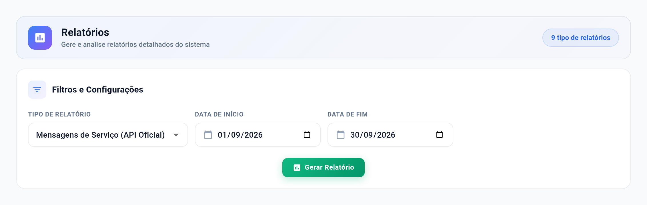 Tela de Relatórios com o tipo Mensagens de Serviço (API Oficial) selecionado e o período de 01/09/2026 a 30/09/2026